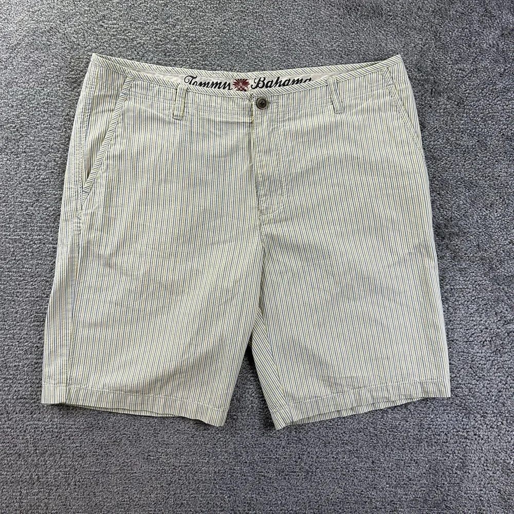 Tommy Bahama Mens 36 Striped Flat Front Shorts Blue Yellow Seersucker Textured